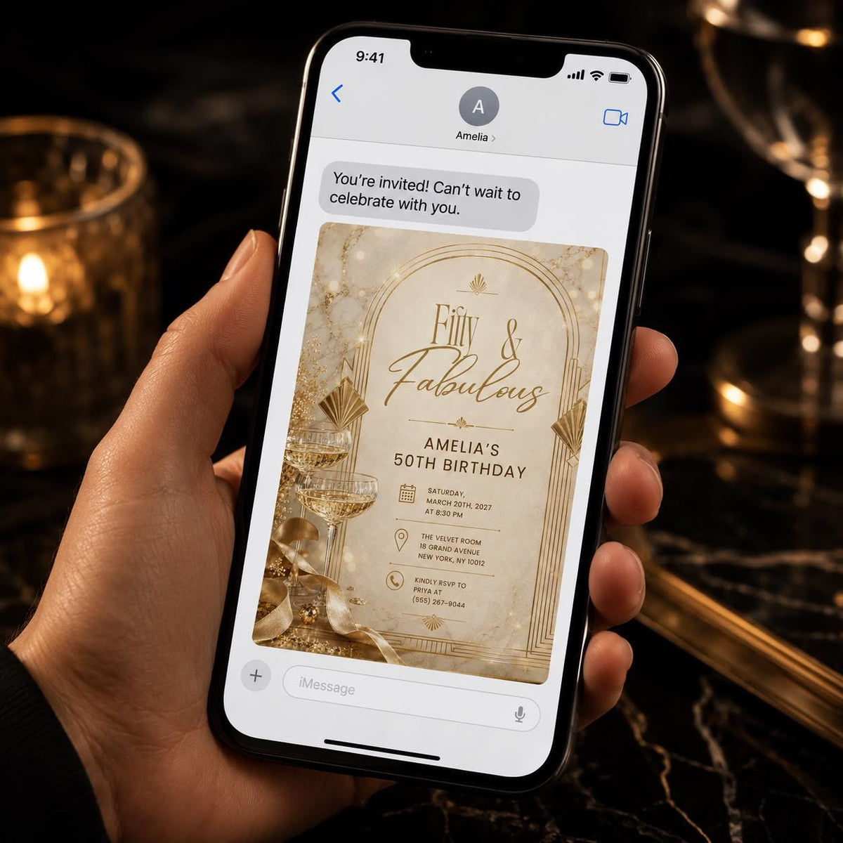 Gold Art Deco 50th Birthday Invitation — digital invitation, instant download