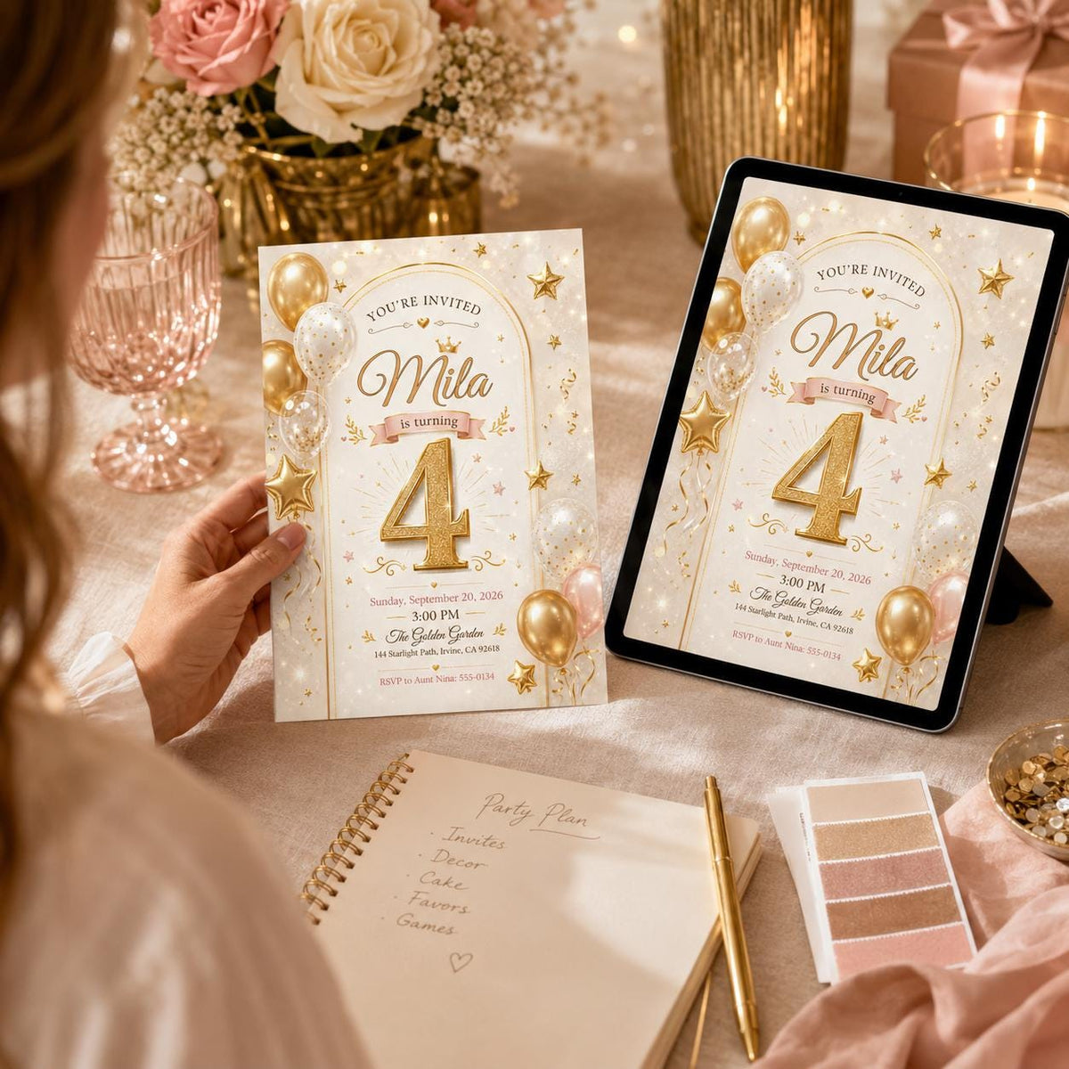 Gold Balloon and Glitter 4th Birthday Invitation for Girls — print-ready 4th birthday party design from VoltBy
