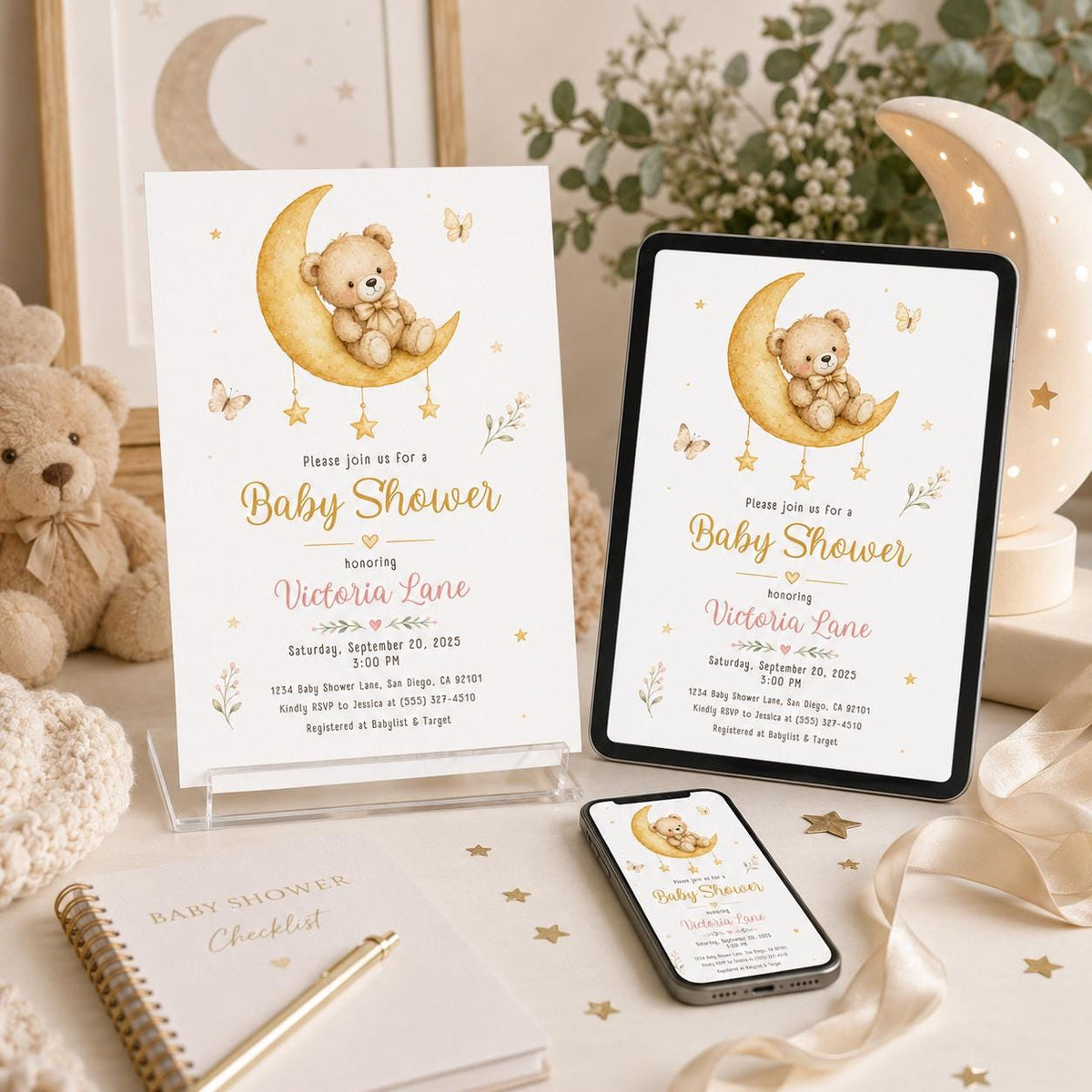 Gold Boho Moon and Stars Baby Shower Invitation for Girls — digital invitation, instant download