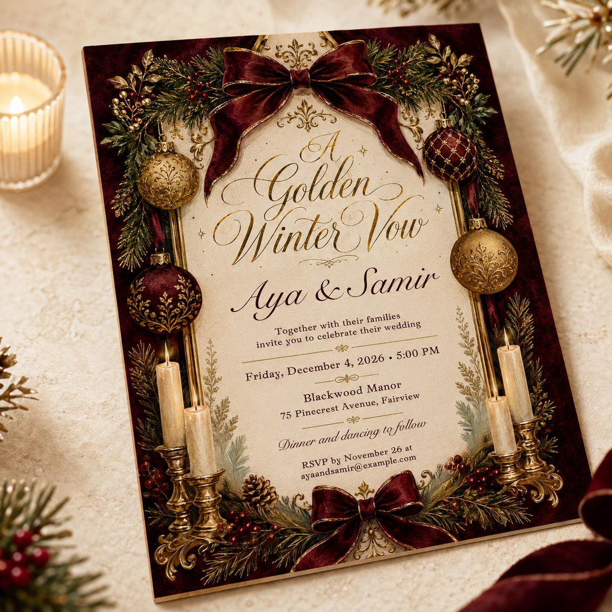 Gold Elegant Burgundy Christmas Wedding Invitation — digital invitation, instant download