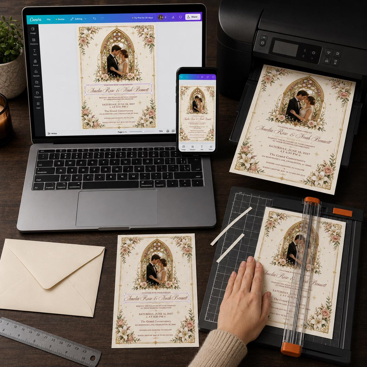 Gold Elegant Stained Glass Wedding Invitation — digital invitation, instant download