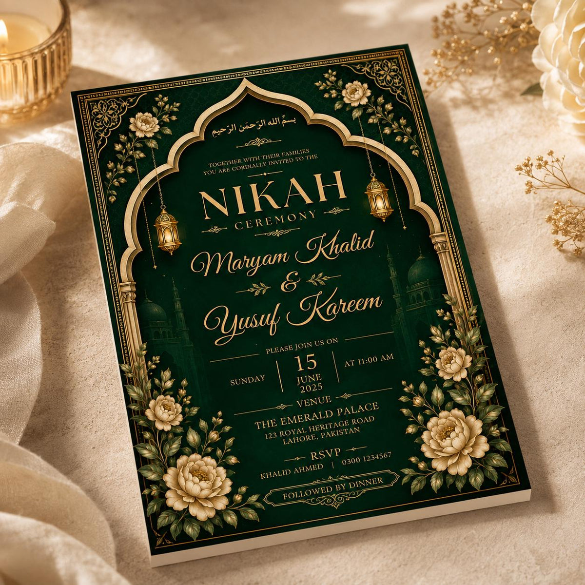 Gold Floral Emerald Green Nikah Invitation — nikah ceremony stationery by VoltBy