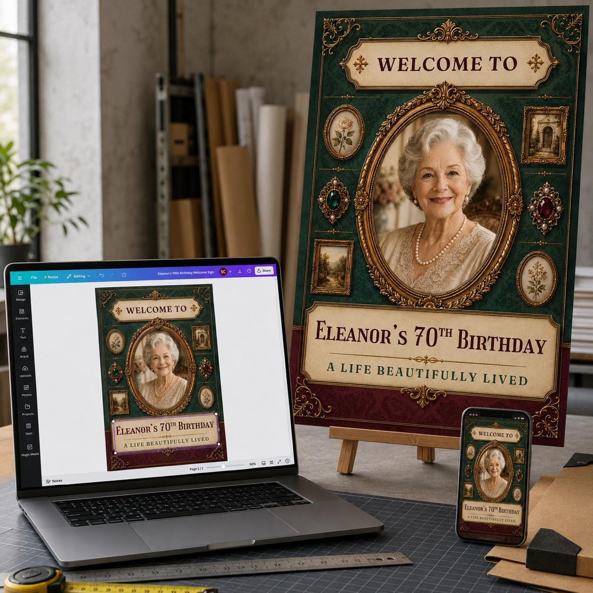 Gold Vintage 70th Birthday Welcome Sign — 70th birthday party stationery by VoltBy