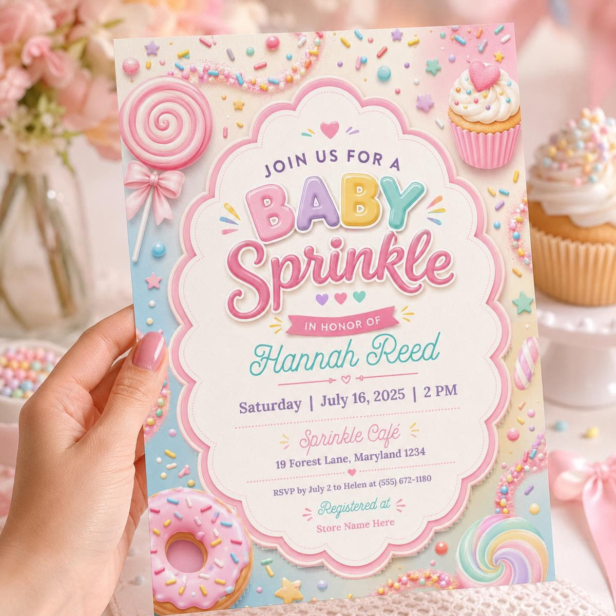 Gold Watercolor Pink Cupcake Baby Sprinkle Invitation — baby sprinkle stationery by VoltBy