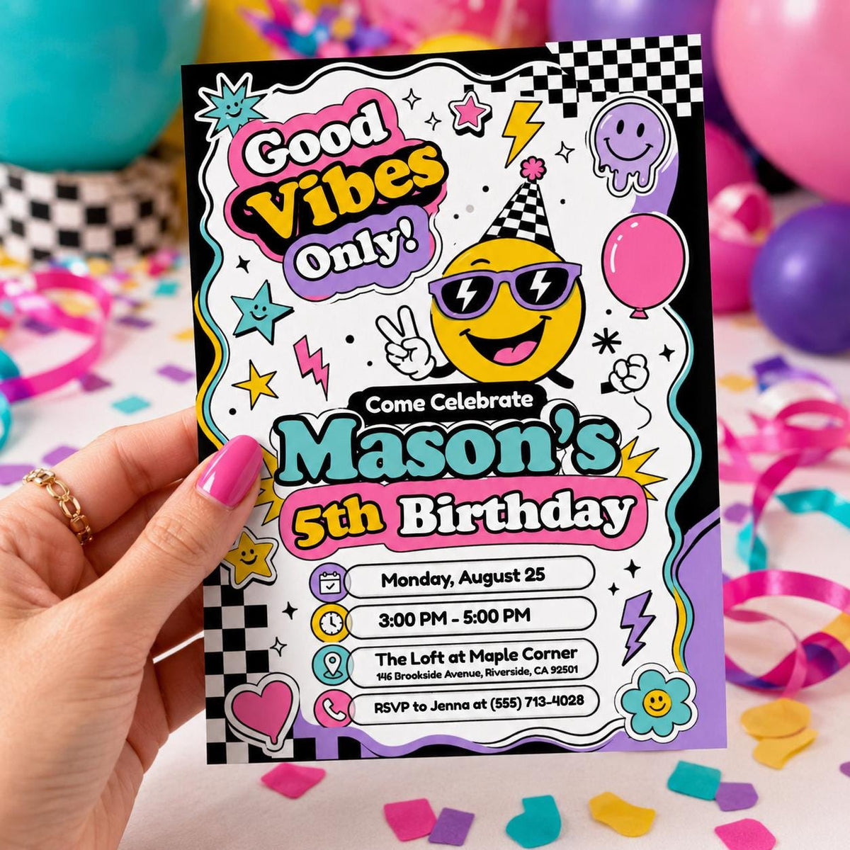 Good Vibes Smiley 5th Birthday Invitation — print-ready 5th birthday party design from VoltBy