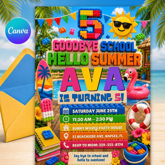 Goodbye School Hello Summer 5th Birthday Block Party Invitation