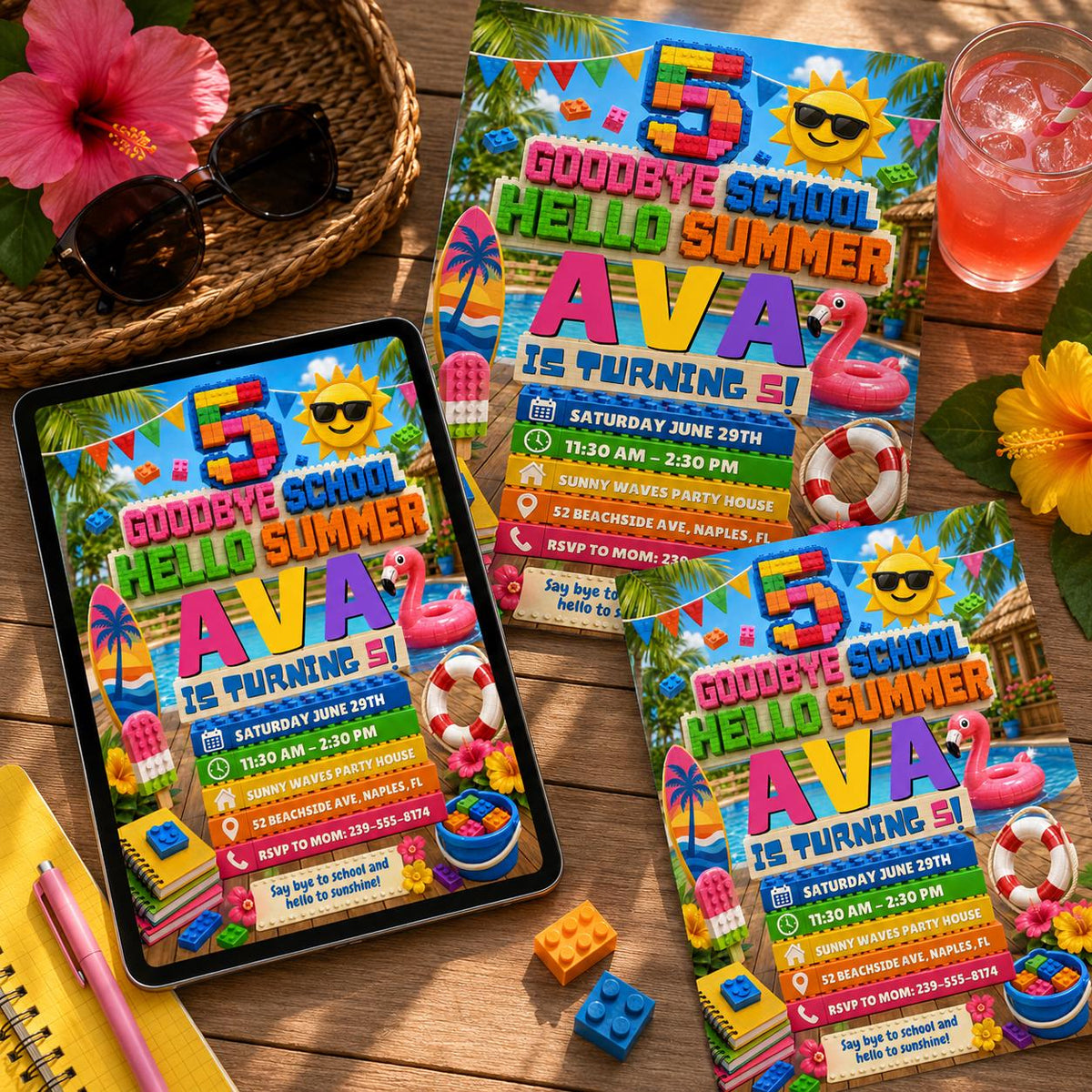 Goodbye School Hello Summer 5th Birthday Block Party Invitation — printable invitation from VoltBy