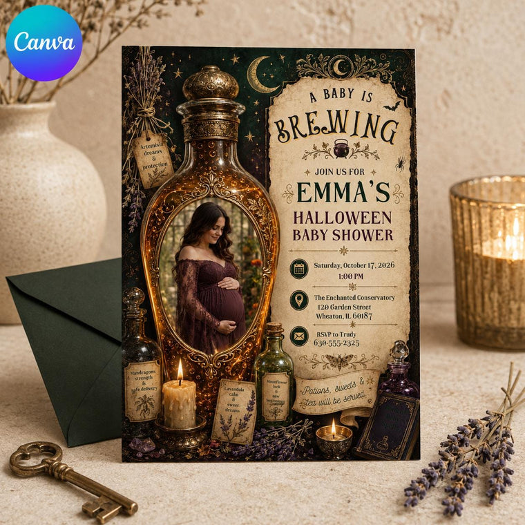 Gothic Halloween Baby Shower Invitation: A Baby Is Brewing Witchy Potion