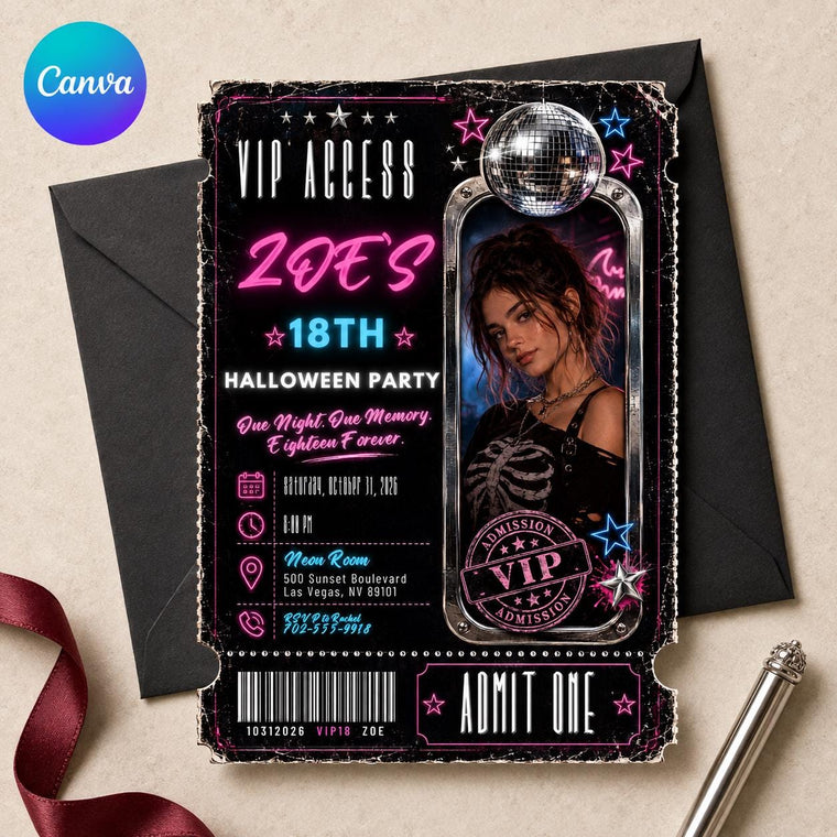 Gothic Neon 18th Birthday Halloween Invitation