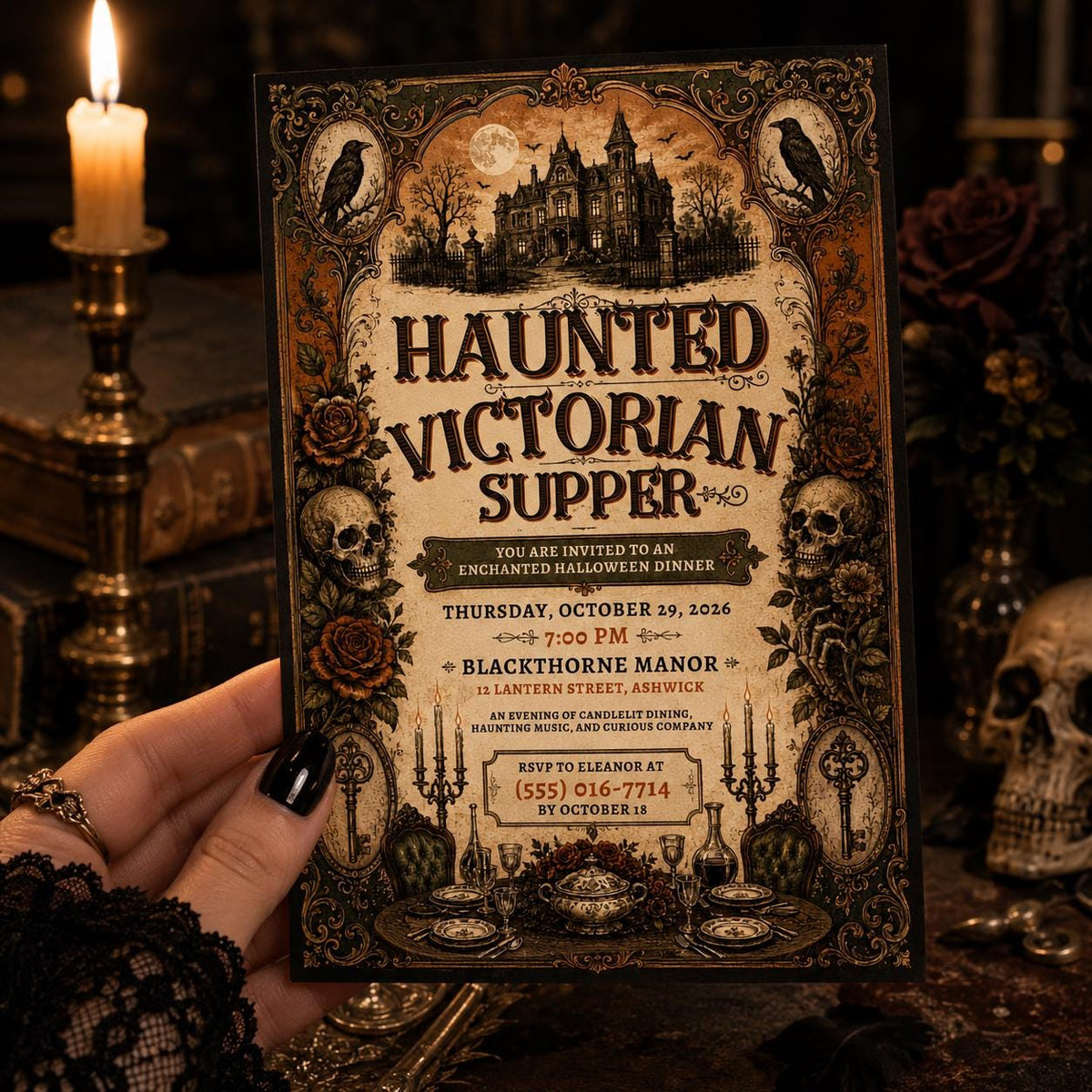 Gothic Vintage Halloween Dinner Party Invitation — digital invitation, instant download
