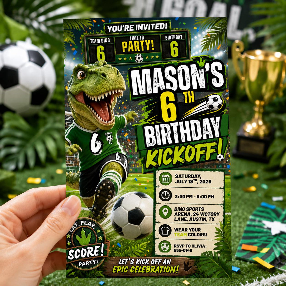 Green 6th Birthday Kickoff Invitation for Boys — digital invitation, instant download