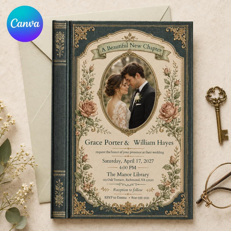 Green and Gold Book Wedding Invitation