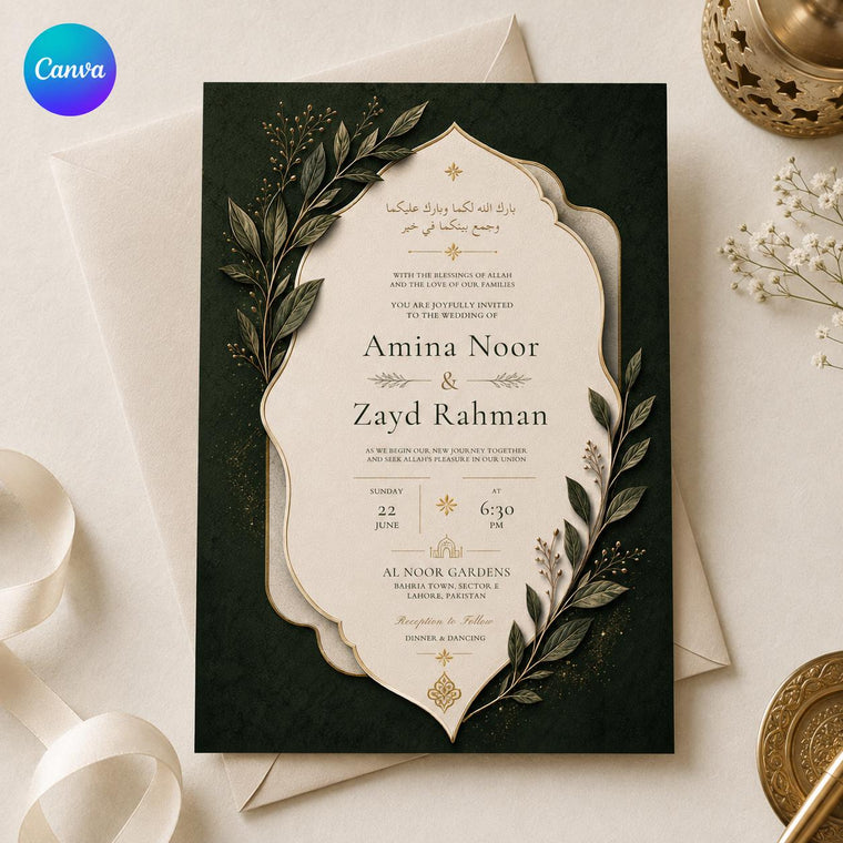 Green and Gold Islamic Wedding Invitation: Muslim Nikah