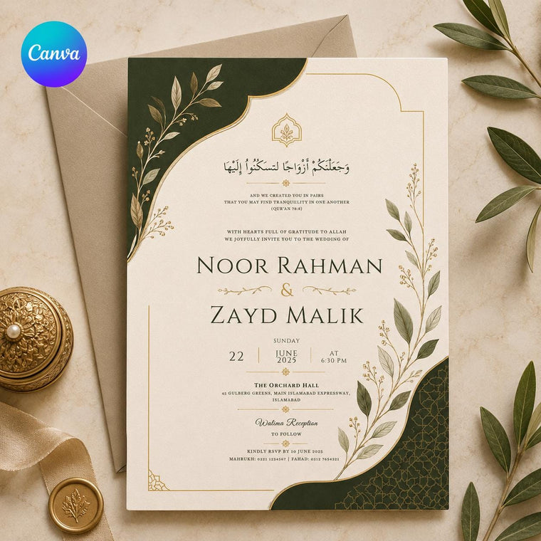 Green and Gold Islamic Wedding Invitation: Muslim Nikah Walima