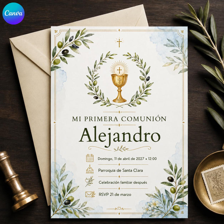 Green and Gold Spanish First Communion Invitation