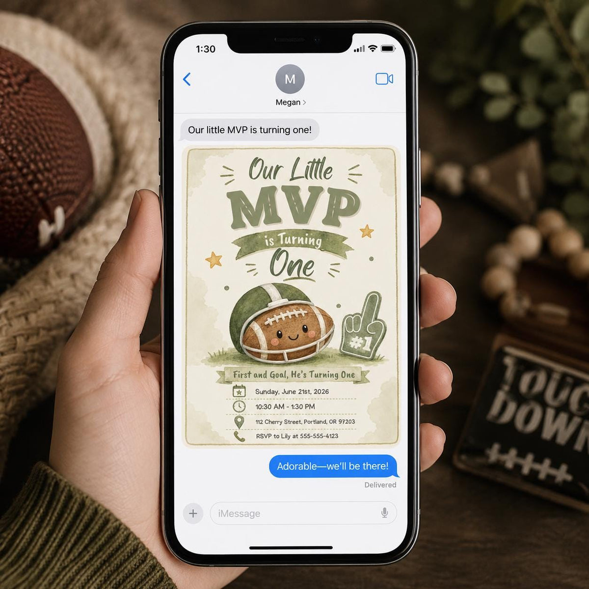 Green and Neutral Football First Birthday Invitation — digital invitation, instant download