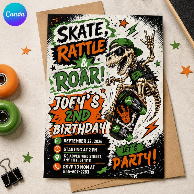 Green and Orange Skateboard 2nd Birthday Invitation