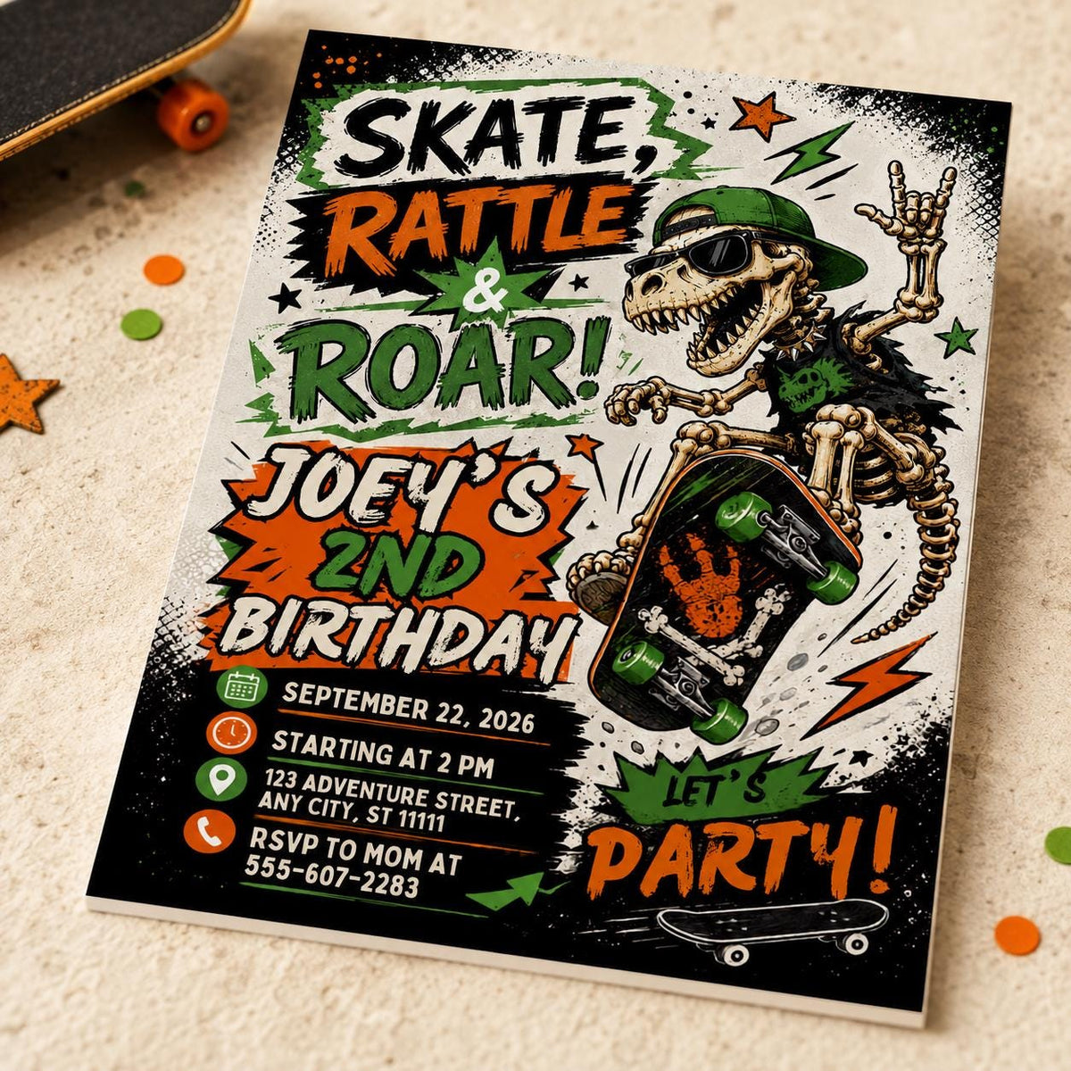Green and Orange Skateboard 2nd Birthday Invitation — digital invitation, instant download