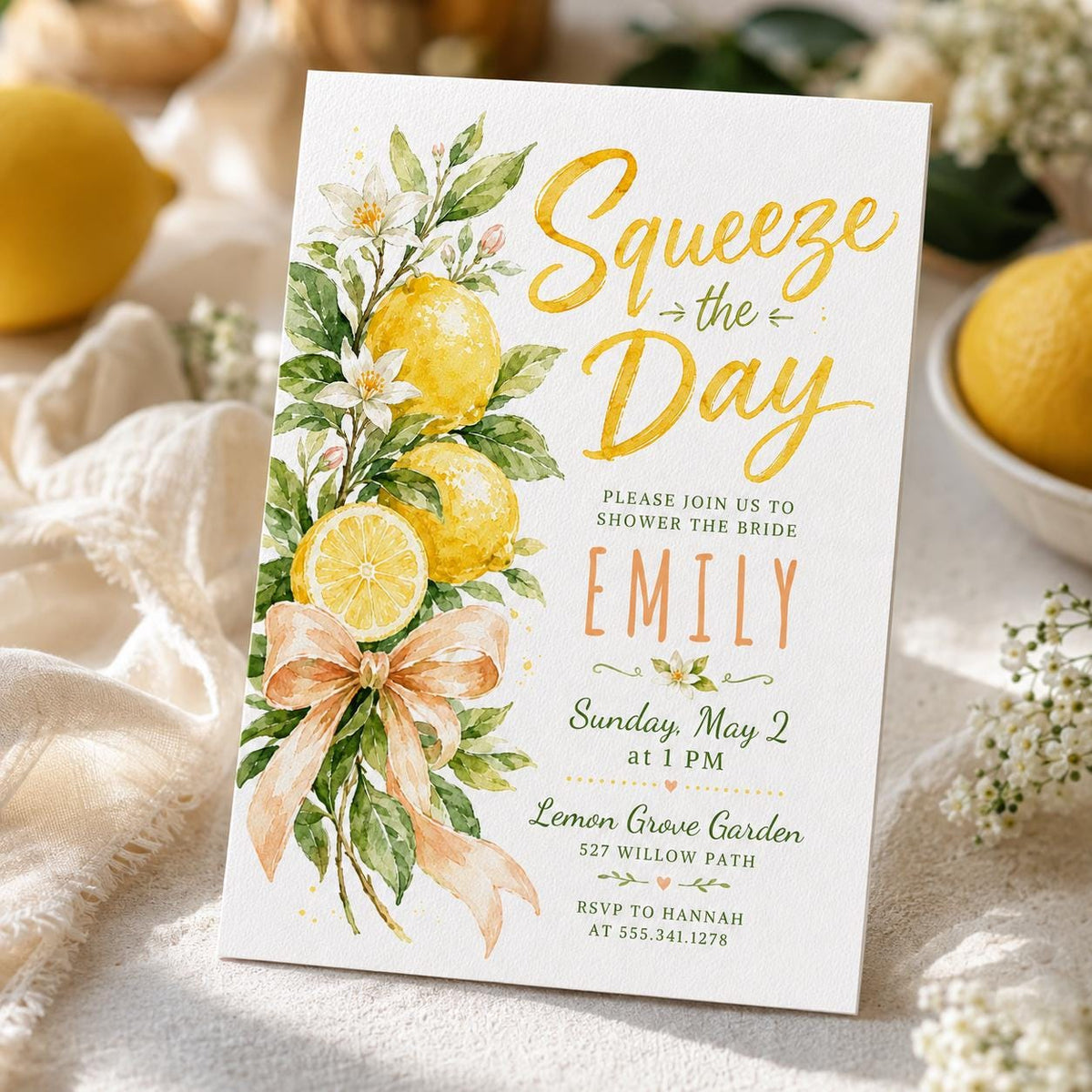 Green and Yellow Lemon Bridal Shower Invitation — print-ready bridal shower design from VoltBy