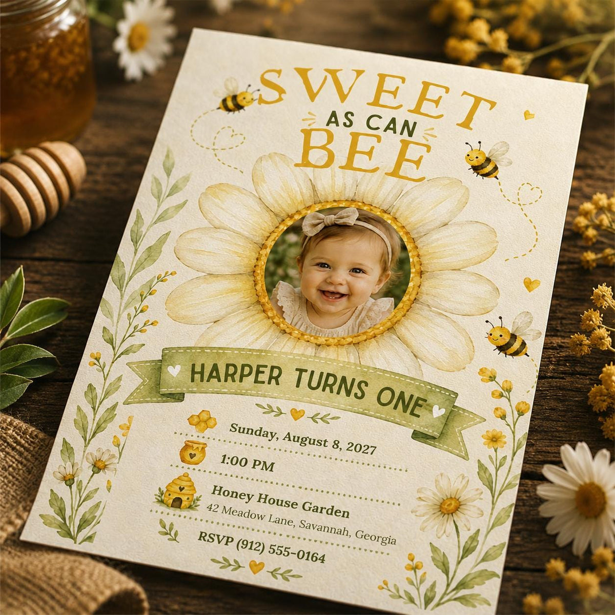 Green and Yellow Sweet as Can Bee First Birthday Invitation for Girls — digital invitation, instant download