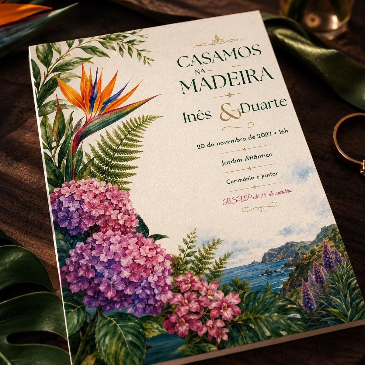 Green Botanical Madeira Wedding Invitation — digital invitation, instant download