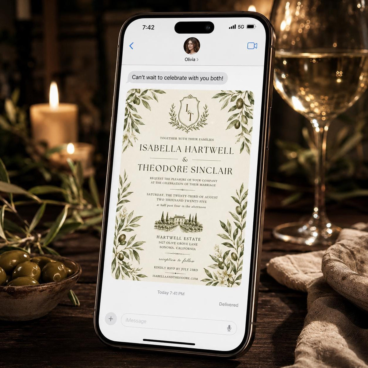 Green Elegant Olive Branch Wedding Invitation — digital invitation, instant download