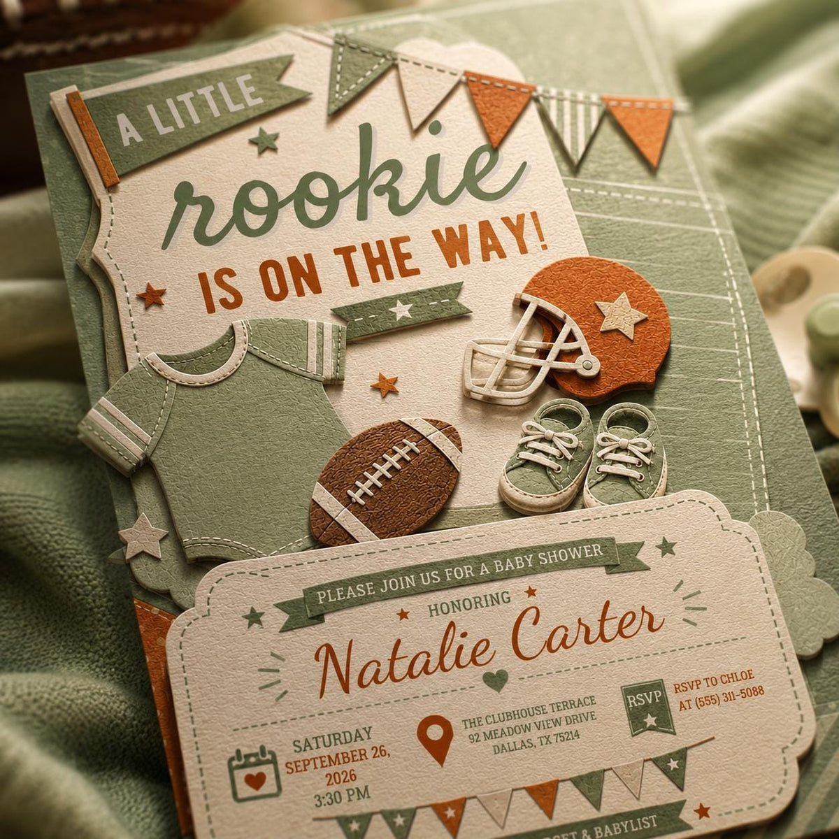 Green Football Baby Shower Invitation for Boys — digital invitation, instant download