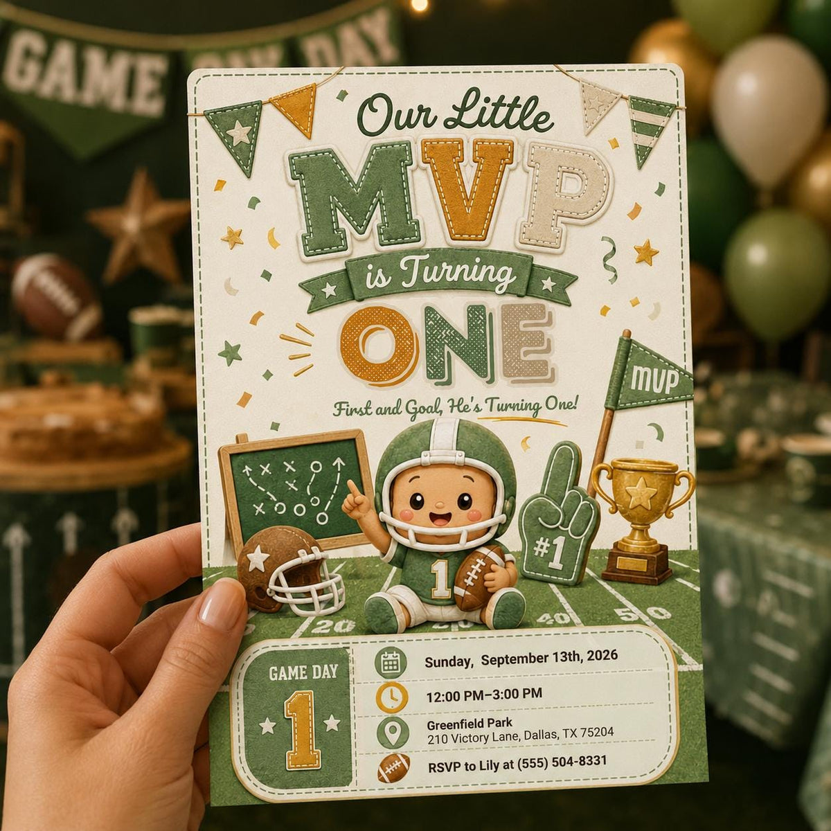 Green Football First Birthday Invitation for Boys — digital invitation, instant download