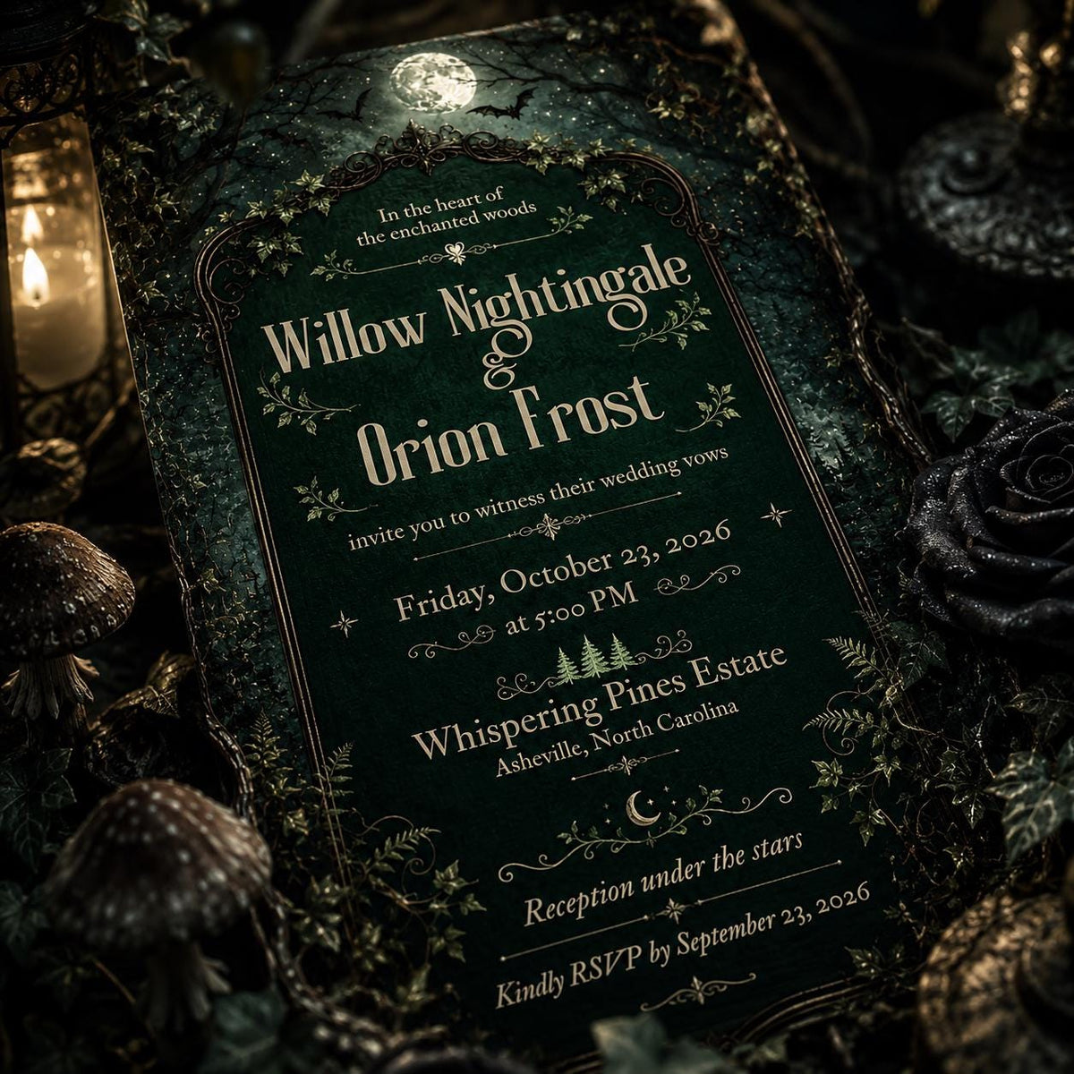 Green Gothic Enchanted Forest Wedding Invitation — print-ready wedding design from VoltBy
