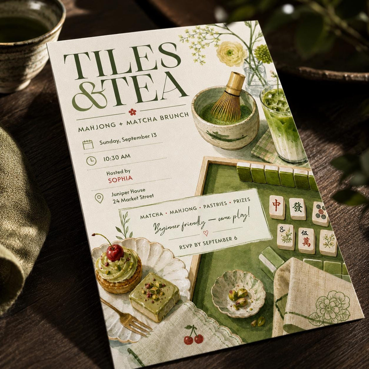 Green Mahjong Brunch Invitation — digital invitation, instant download