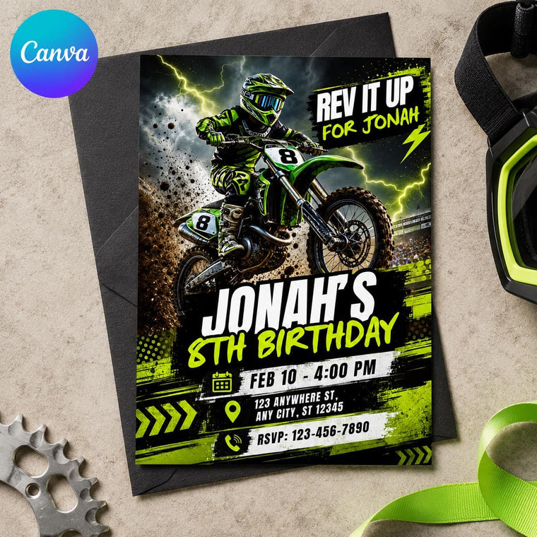 Green Neon Motocross 8th Birthday Invitation for Boys