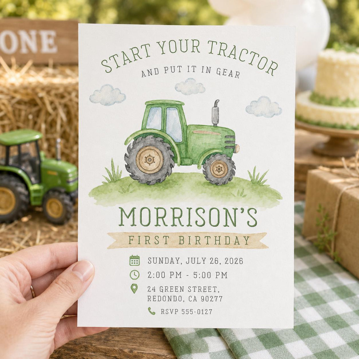 Green Tractor 1st Birthday Invitation — digital invitation, instant download