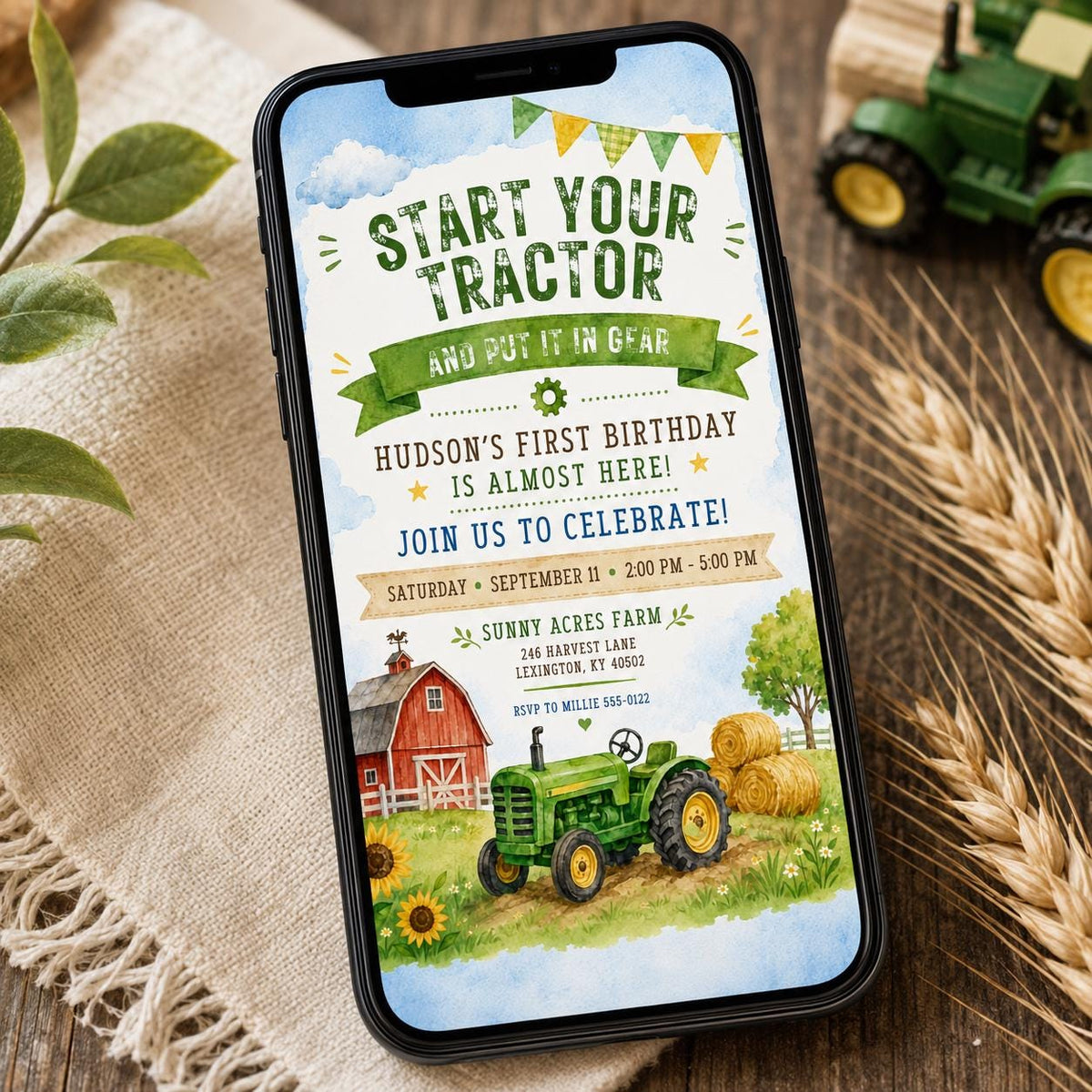 Green Tractor First Birthday Invitation: Farm Boy Start Your Tractor Party — first birthday stationery by VoltBy