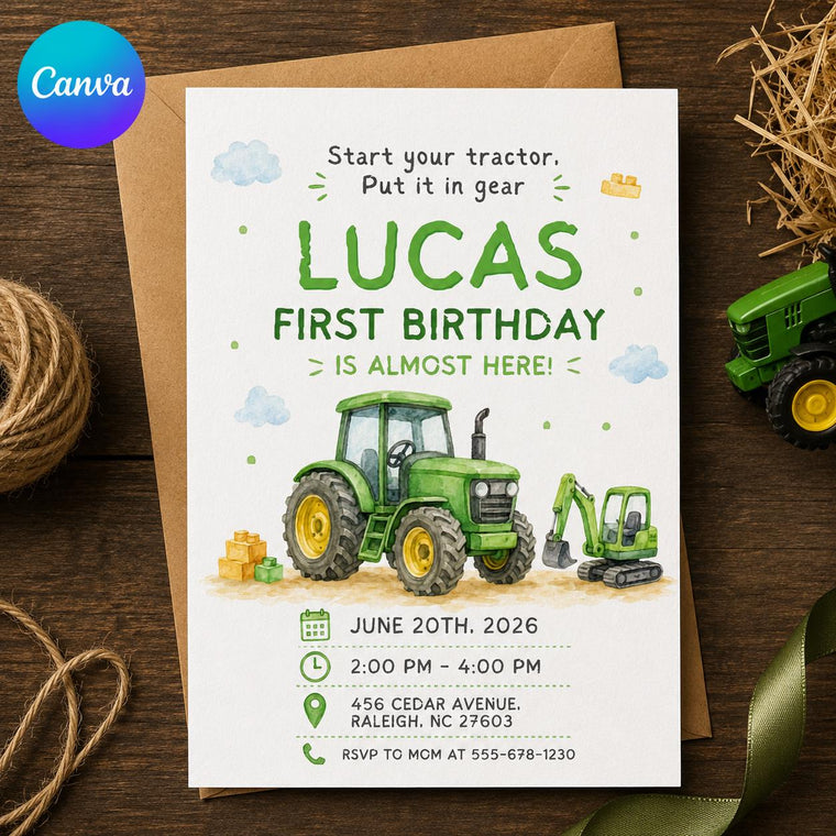 Green Tractor First Birthday Invitation: Green Farm Construction Party for Boy