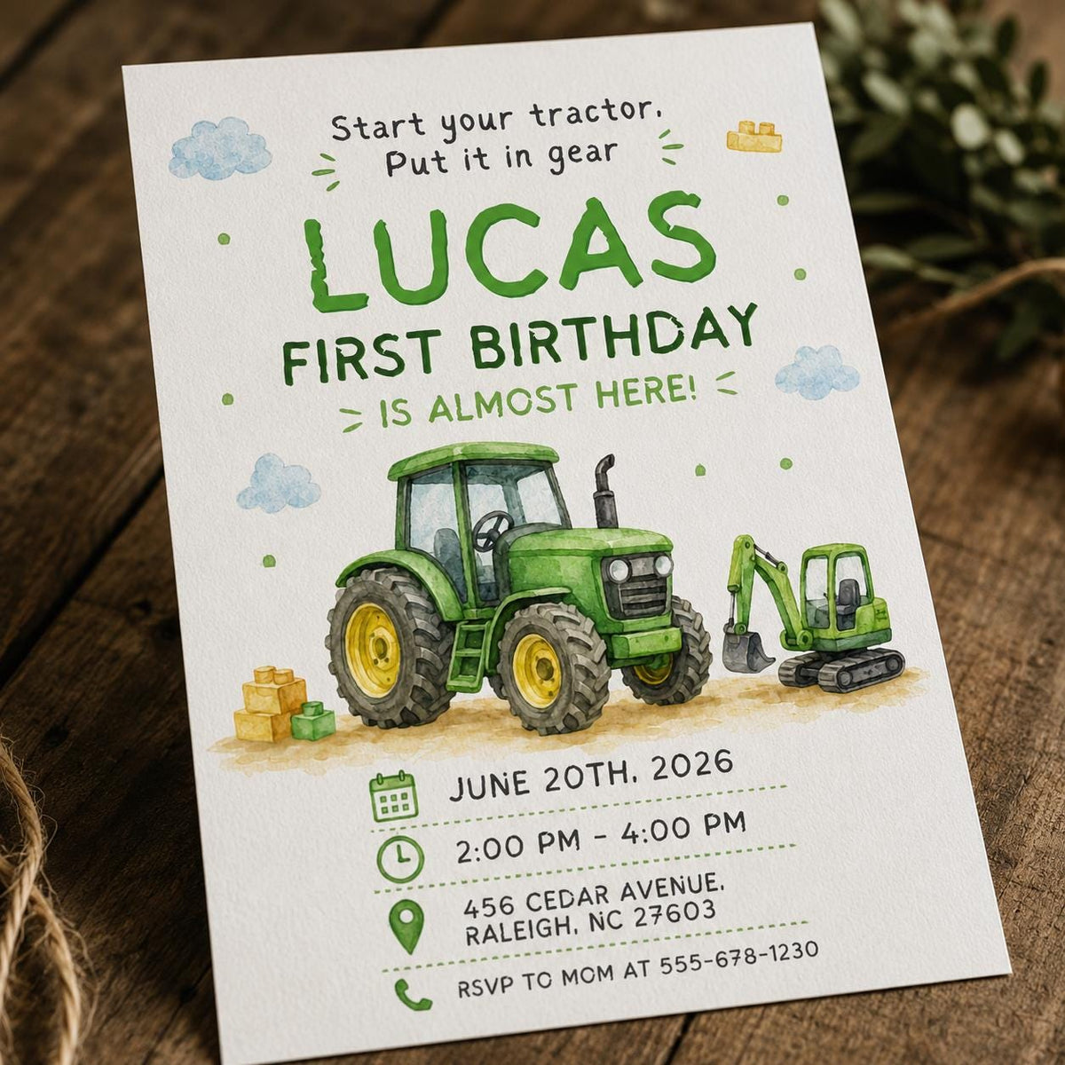 Green Tractor First Birthday Invitation: Green Farm Construction Party for Boy — first birthday stationery by VoltBy