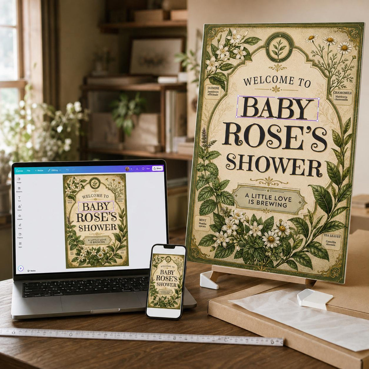 Green Vintage Botanical Baby Shower Welcome Sign — digital welcome sign, instant download
