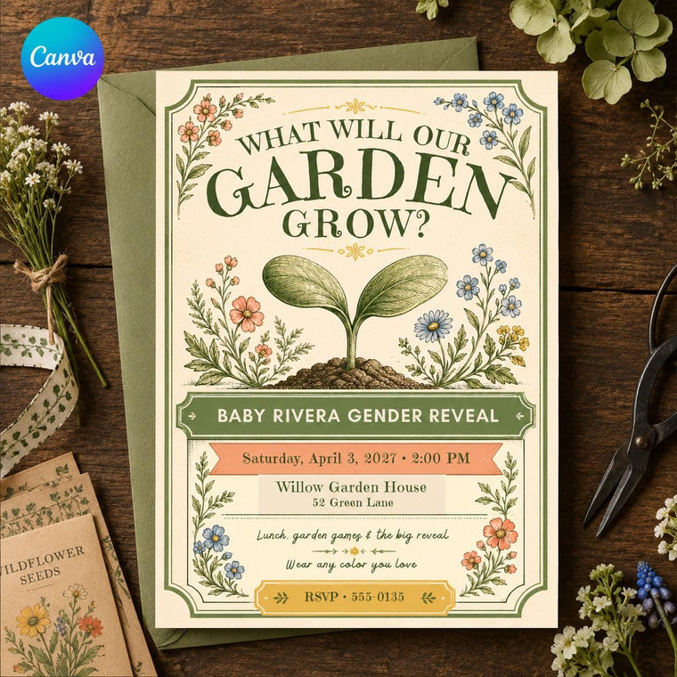 Green Vintage Garden Gender Reveal Invitation