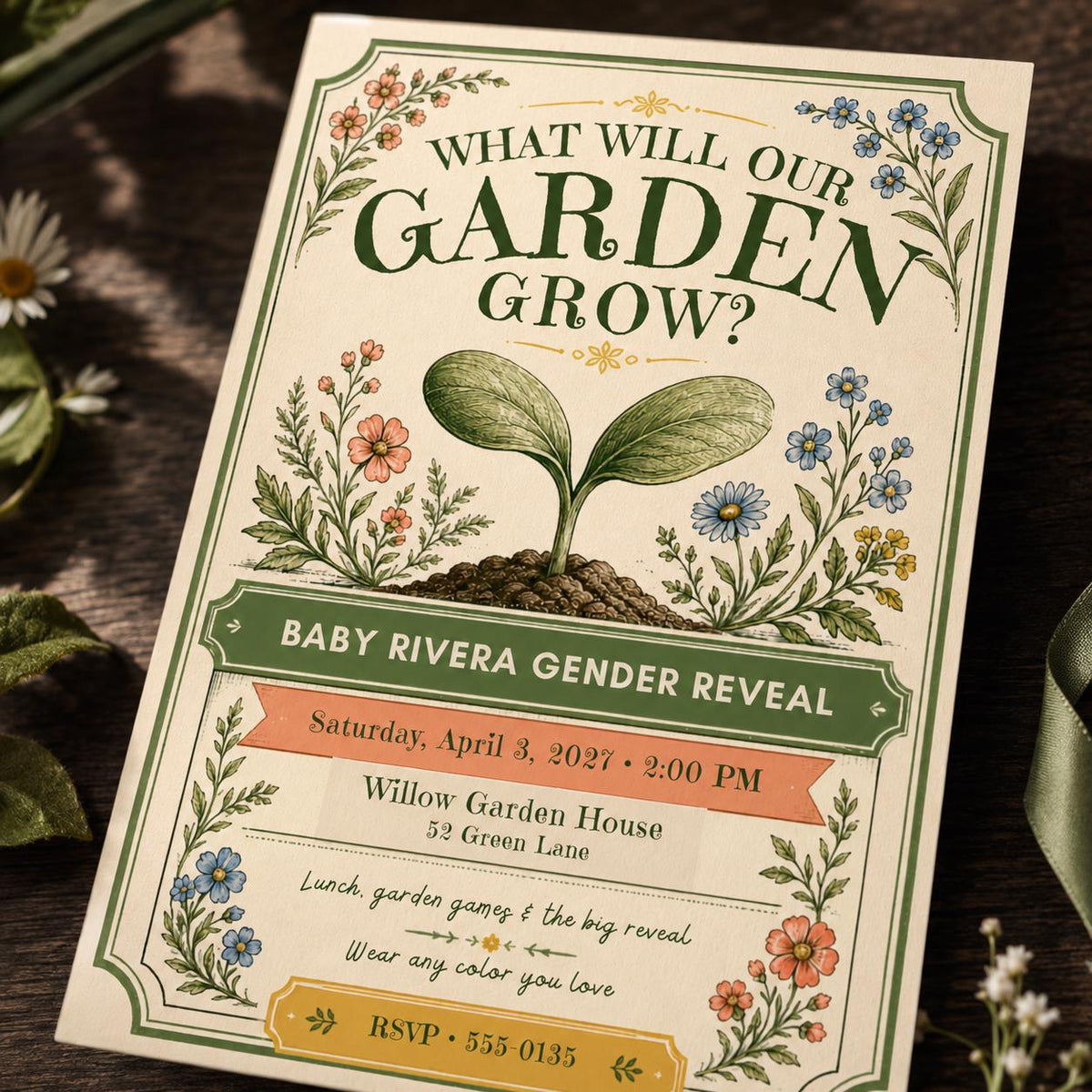 Green Vintage Garden Gender Reveal Invitation — print-ready gender reveal design from VoltBy
