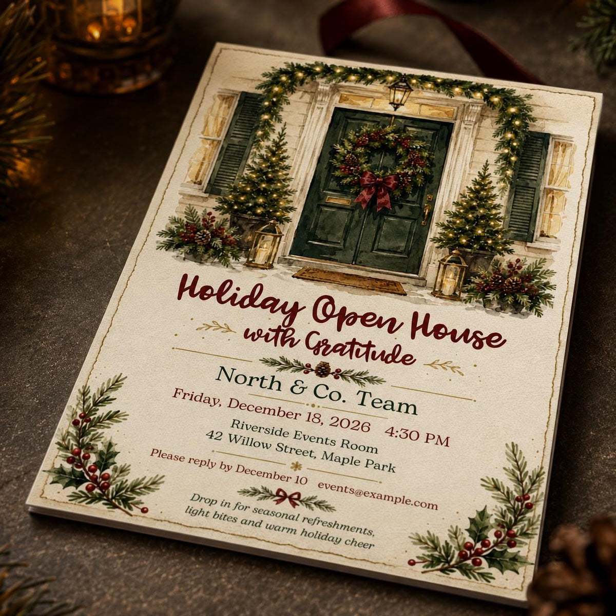 Green Watercolor Christmas Open House Invitation — Christmas celebration stationery by VoltBy