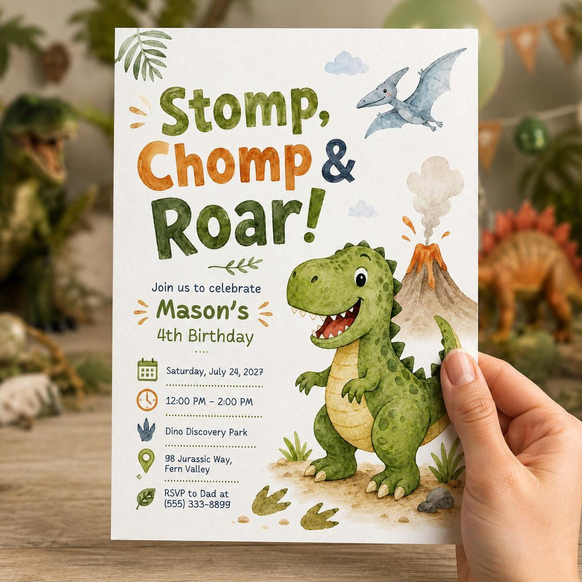 Green Watercolor Dinosaur 4th Birthday Invitation for Boys — 4th birthday party stationery by VoltBy