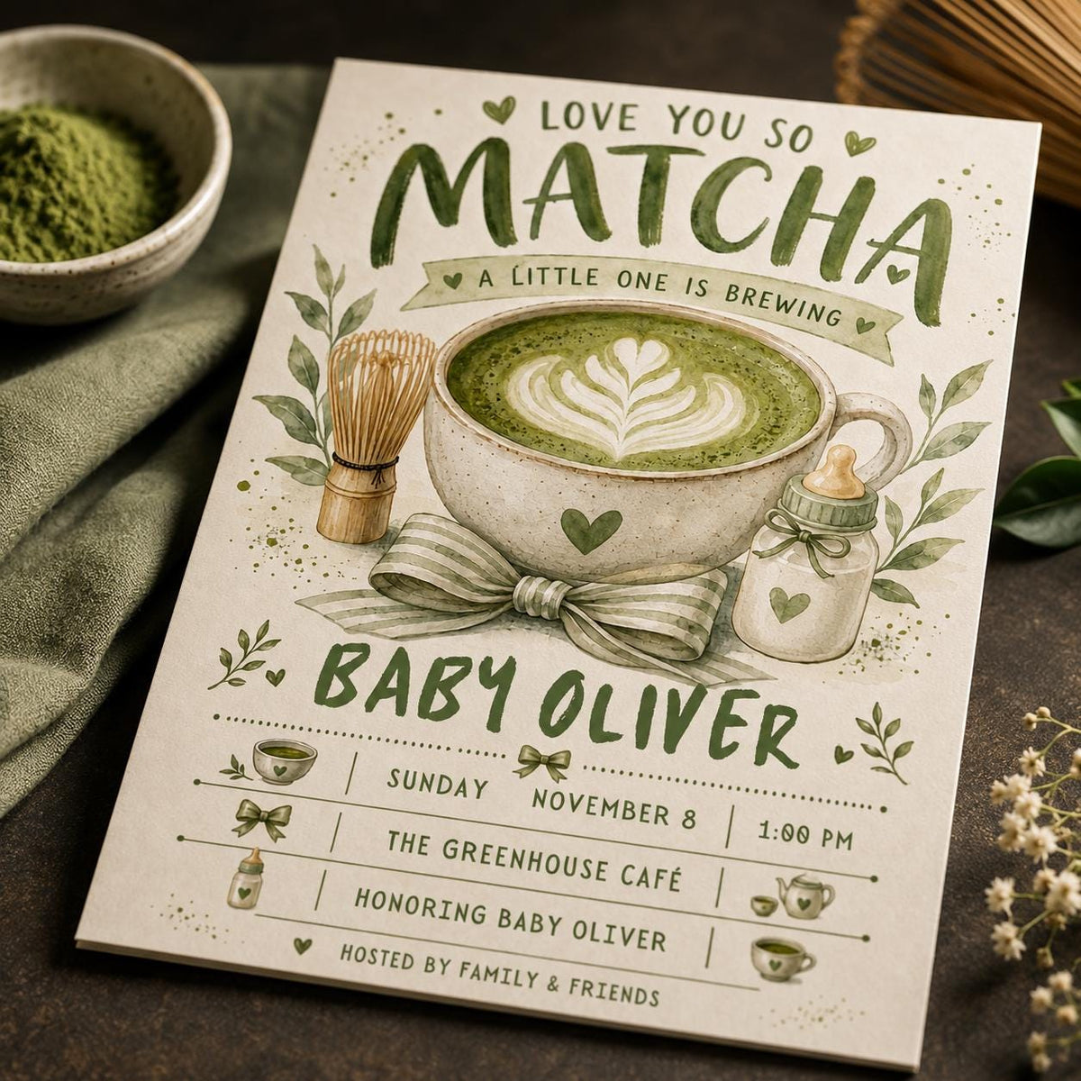 Green Watercolor Matcha Baby Shower Invitation — digital invitation, instant download