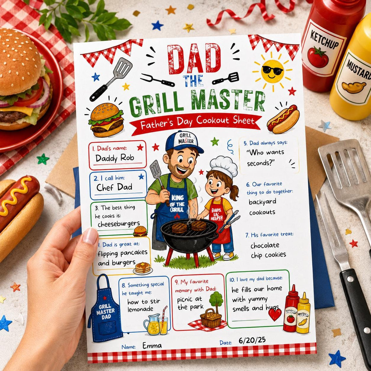 Grill Master Dad Father's Day Activity Sheet — gingham father's day design