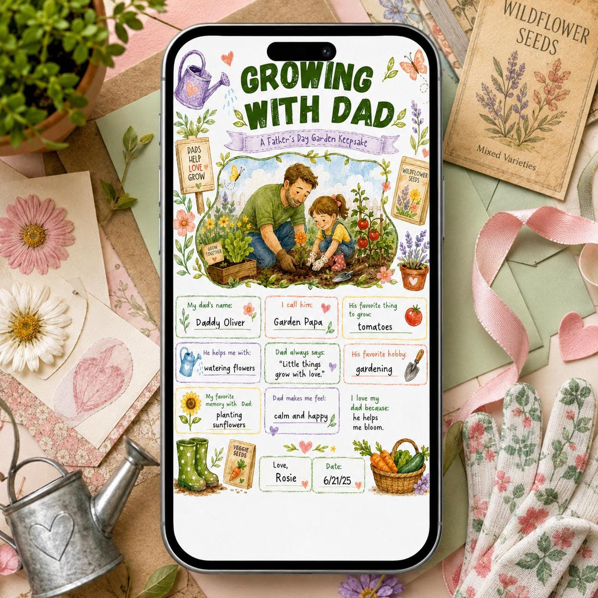 Growing with Dad Father's Day Garden Worksheet — tools artwork in cream and green