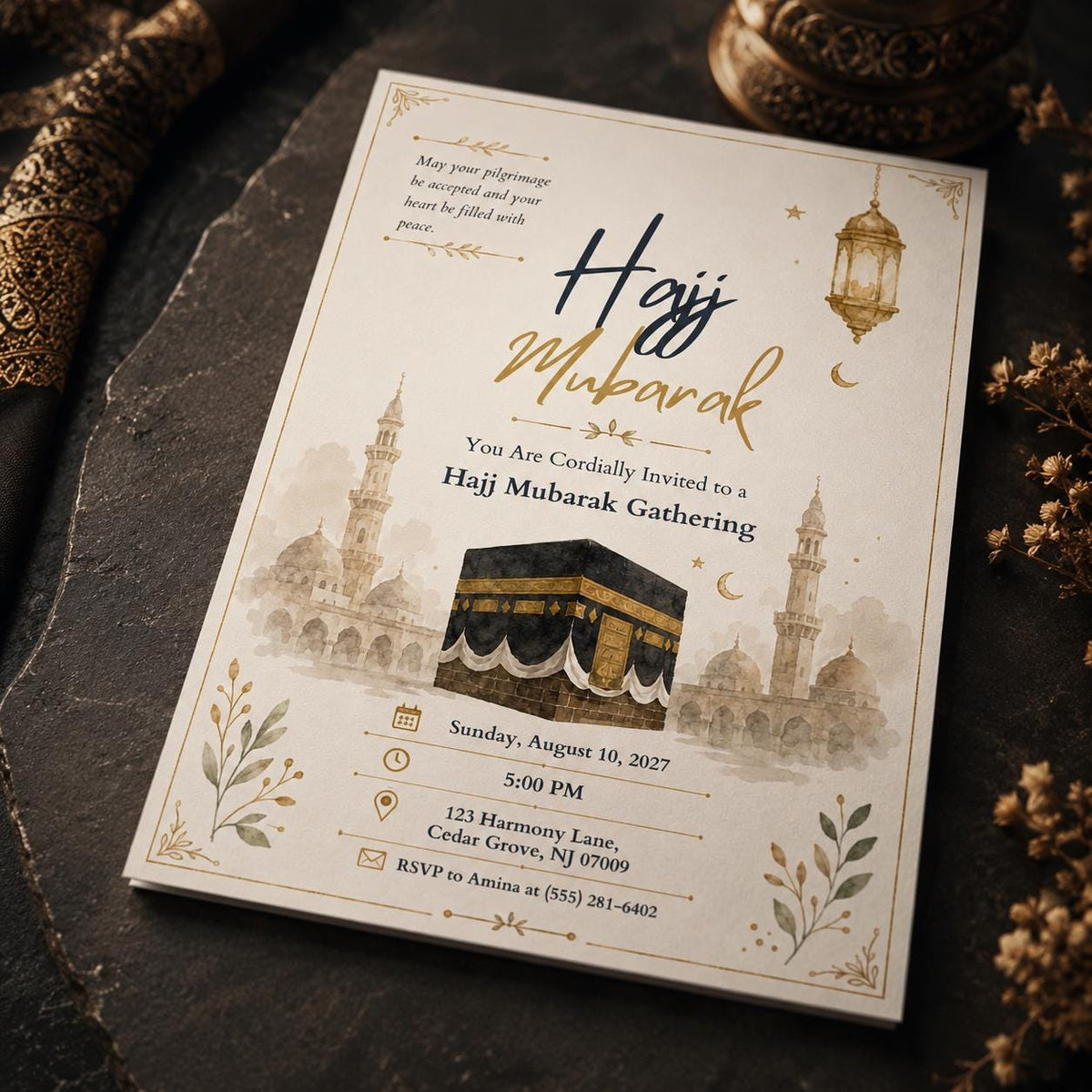 Hajj Mubarak Invitation: Islamic Celebration — hajj return stationery by VoltBy