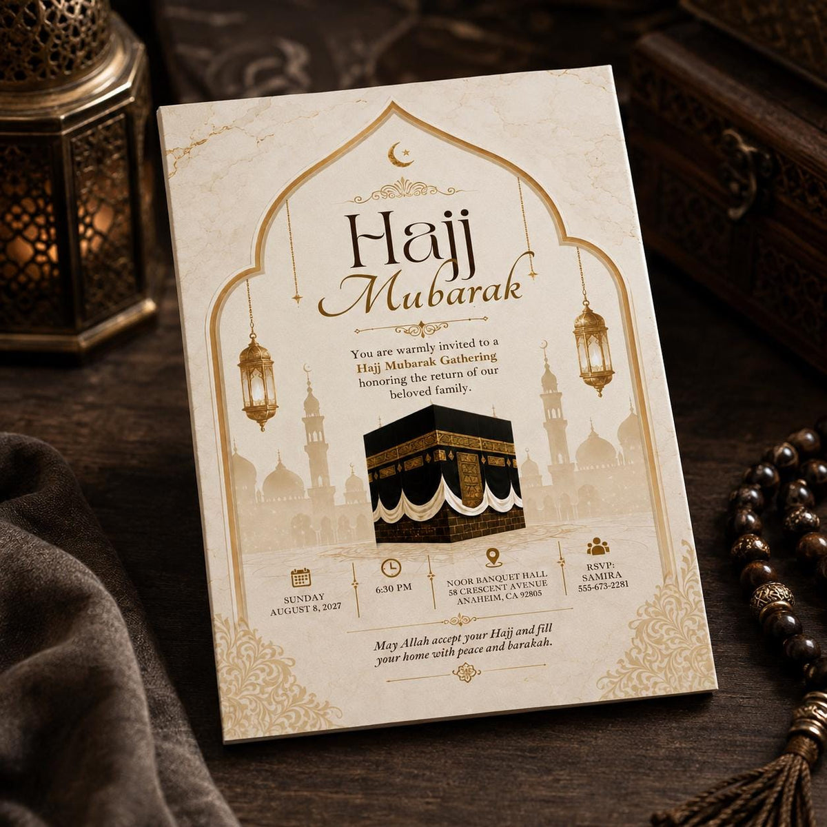 Hajj Mubarak Invitation: Islamic Celebration Gathering — hajj return stationery by VoltBy