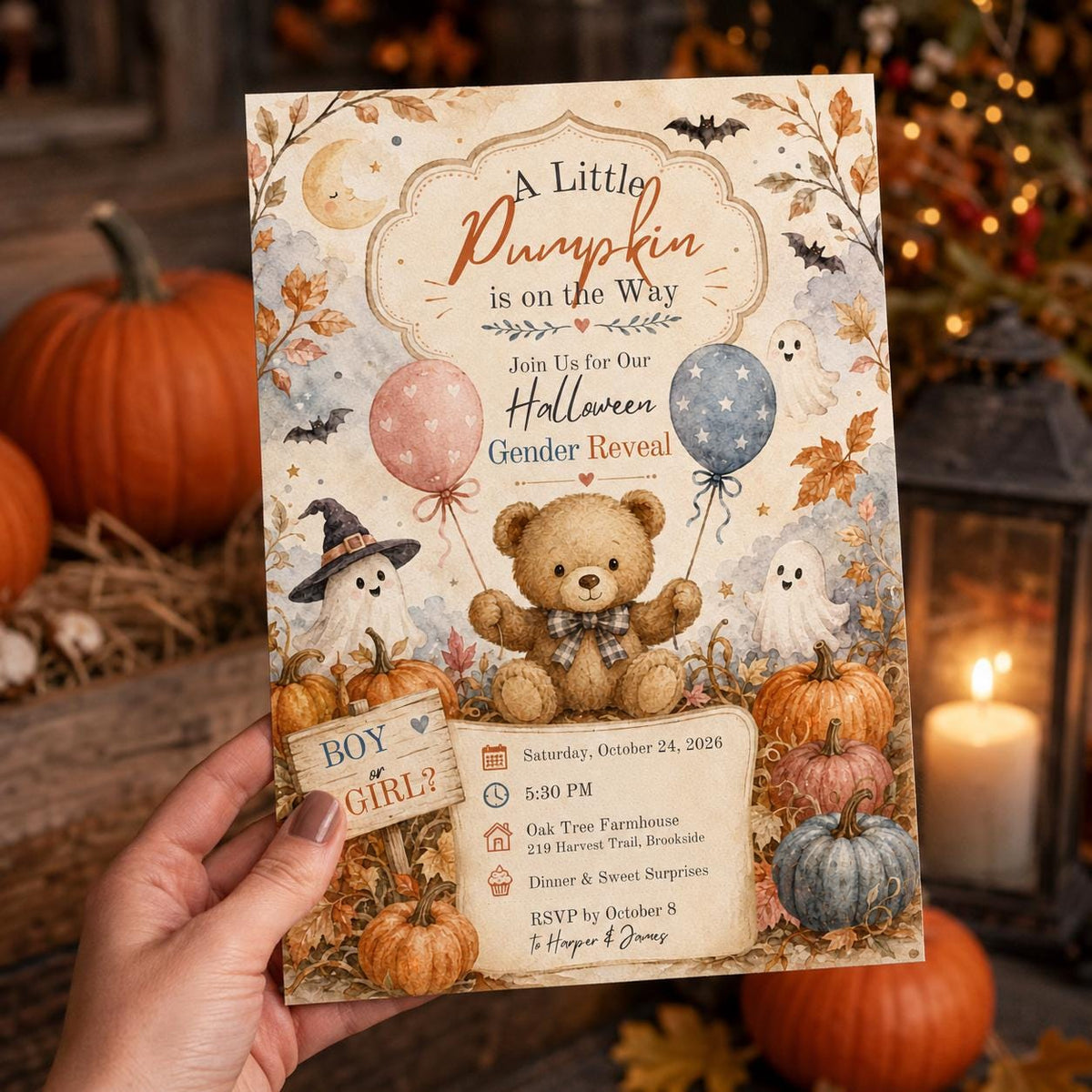 Halloween Teddy Bear Pumpkin Gender Reveal Invitation — balloon artwork in blue and orange