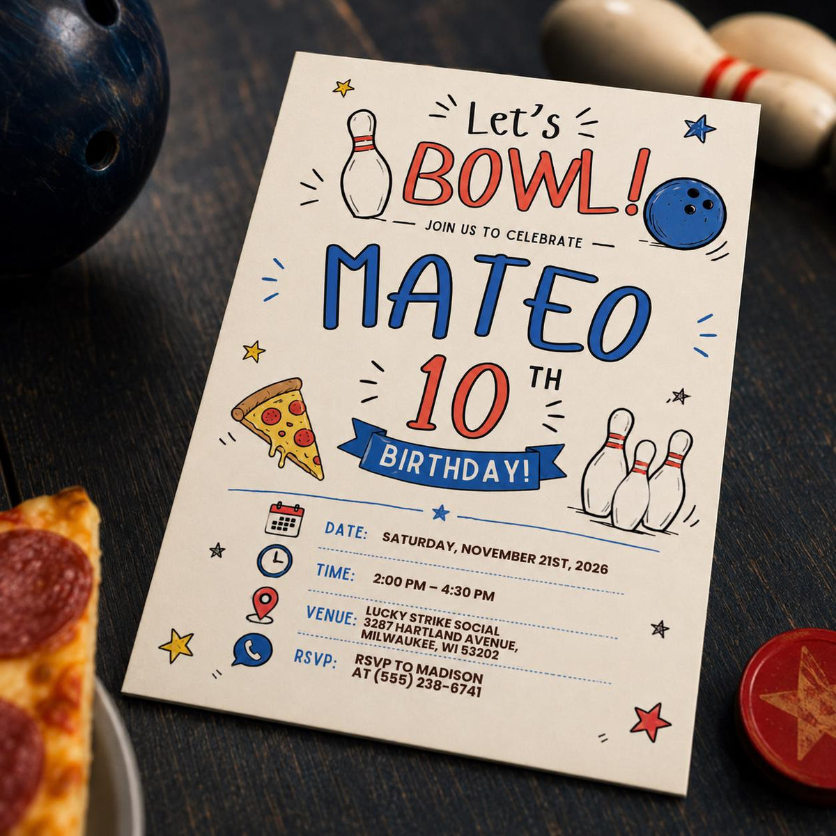 Hand Drawn Bowling 10th Birthday Invitation — digital invitation, instant download