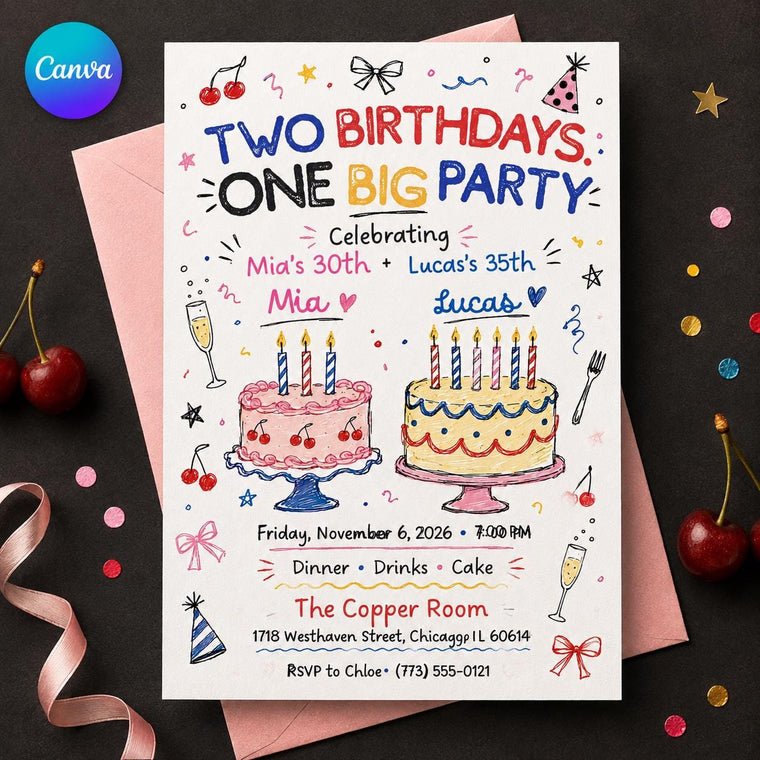 Hand Drawn Joint Birthday Invitation for Adults
