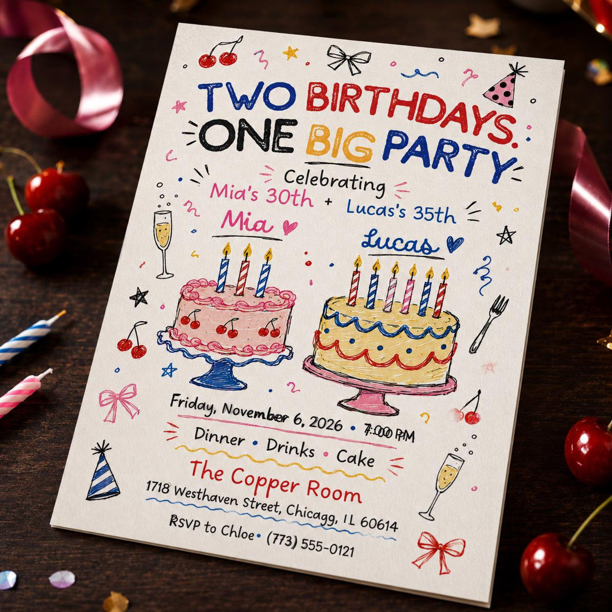 Hand Drawn Joint Birthday Invitation for Adults — digital invitation, instant download