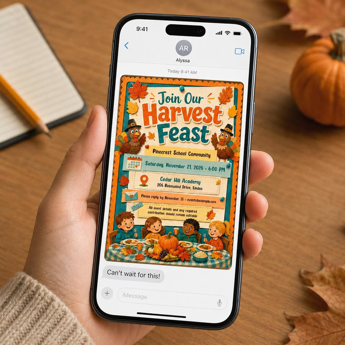 Harvest School Thanksgiving Feast Invitation — digital invitation, instant download